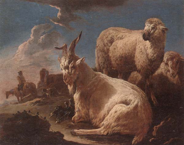 An evening landscape with goat and sheep resting in the foreground,a herdsman beyond